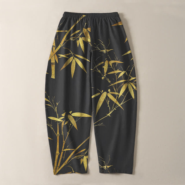 Buddha Stones Pure Cotton Golden Bamboo Pattern Drawstring Men's Tapered Pants With Pockets - image 10