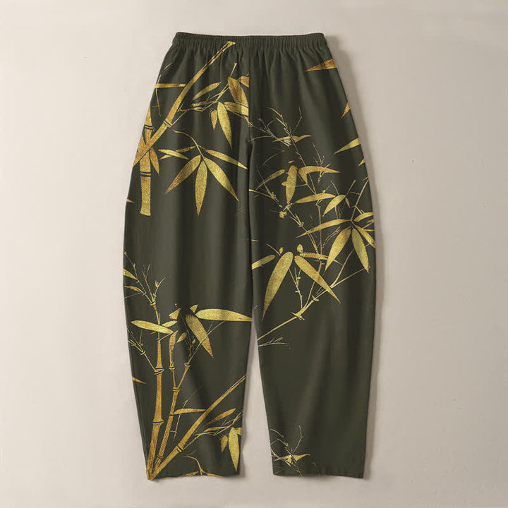 Buddha Stones Pure Cotton Golden Bamboo Pattern Drawstring Men's Tapered Pants With Pockets - image 14