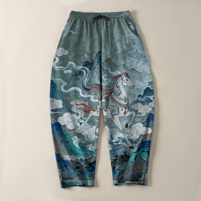 Buddha Stones Pure Cotton Running White Horse Pattern Drawstring Men's Tapered Pants With Pockets - image 9