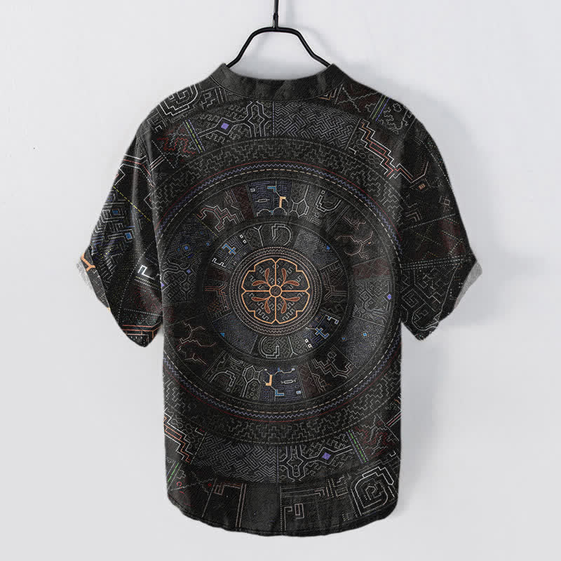 Buddha Stones Cotton Tribal Mandala Pattern Men's Short Sleeve Half Button Shirt - image 1