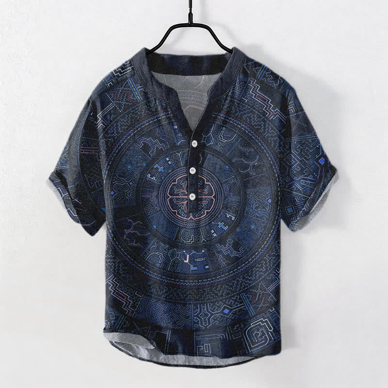 Buddha Stones Cotton Tribal Mandala Pattern Men's Short Sleeve Half Button Shirt - Navy - US/UK/AU50，EU60 (5XL) - image 5