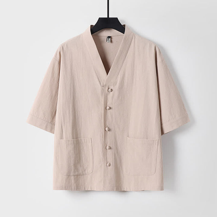 Buddha Stones 2Pcs Summer Tang Style Mandarin Collar Drawstring Solid Short Sleeve Shirt Pants Men's Meditation Cloth With Pockets - image 15