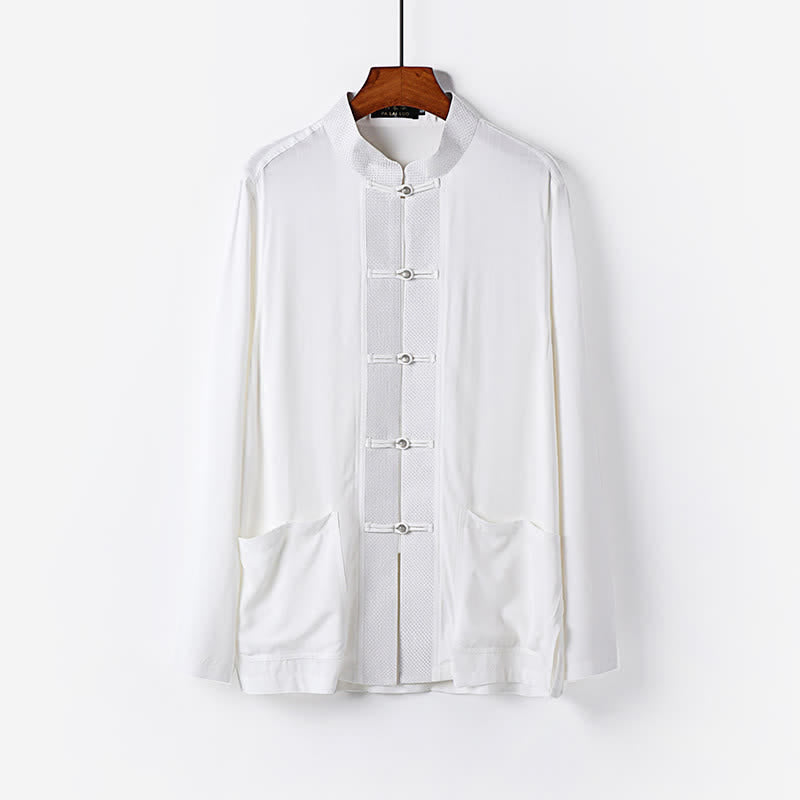 Buddha Stones 2Pcs Spring Tang Style Mandarin Collar Frog Button Solid Long Sleeve Shirt Pants Men's Meditation Cloth With Pockets - image 18