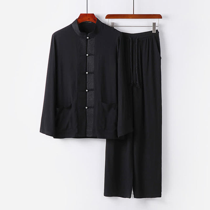 Buddha Stones 2Pcs Spring Tang Style Mandarin Collar Frog Button Solid Long Sleeve Shirt Pants Men's Meditation Cloth With Pockets - Black - US/UK/AU48，EU58 (6XL) - image 12