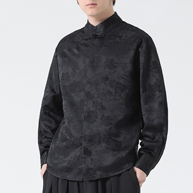 Buddha Stones Fall Elegant Tang Style Mandarin Collar Floral Men's Long Sleeve Shirts - image 7