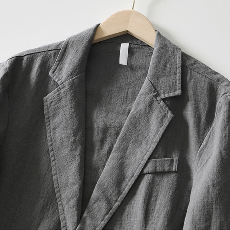 Buddha Stones Spring Fall Casual Minimalist Ramie Cotton Lapel Solid Men's Jacket With Pockets - image 1