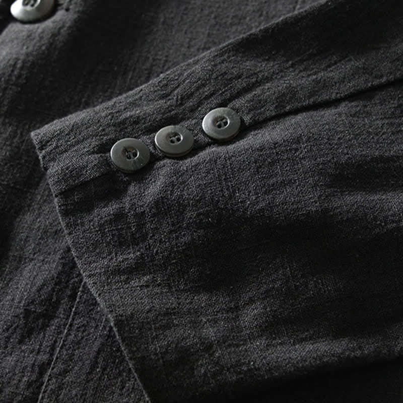 Buddha Stones Spring Fall Casual Minimalist Ramie Cotton Lapel Solid Men's Jacket With Pockets - image 9