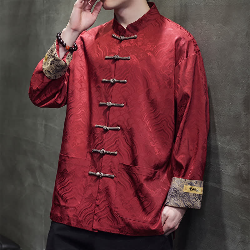 Buddha Stones Fall Winter Tang Style Elegant Mandarin Collar Abstract Wave Pattern Frog Button Men's Jacket With Pockets - image 8