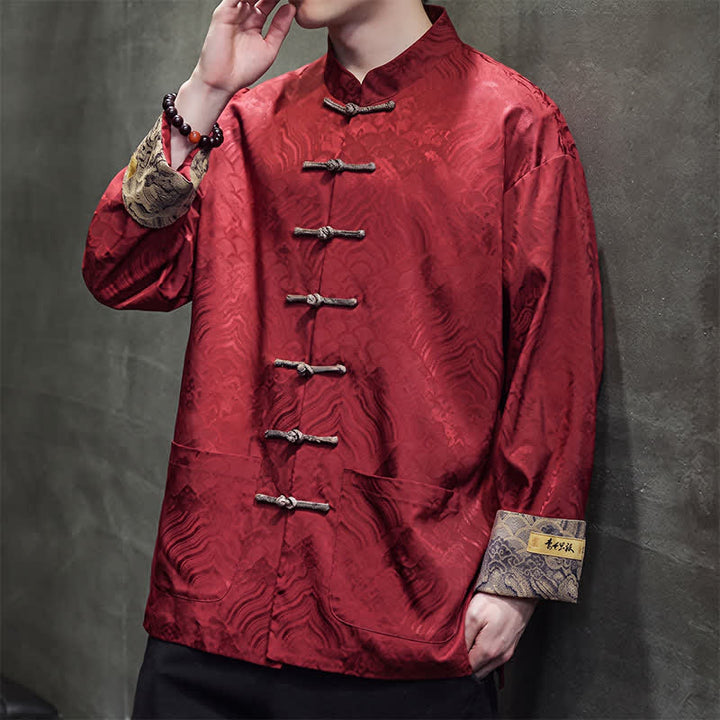 Buddha Stones Fall Winter Tang Style Elegant Mandarin Collar Abstract Wave Pattern Frog Button Men's Jacket With Pockets - image 8