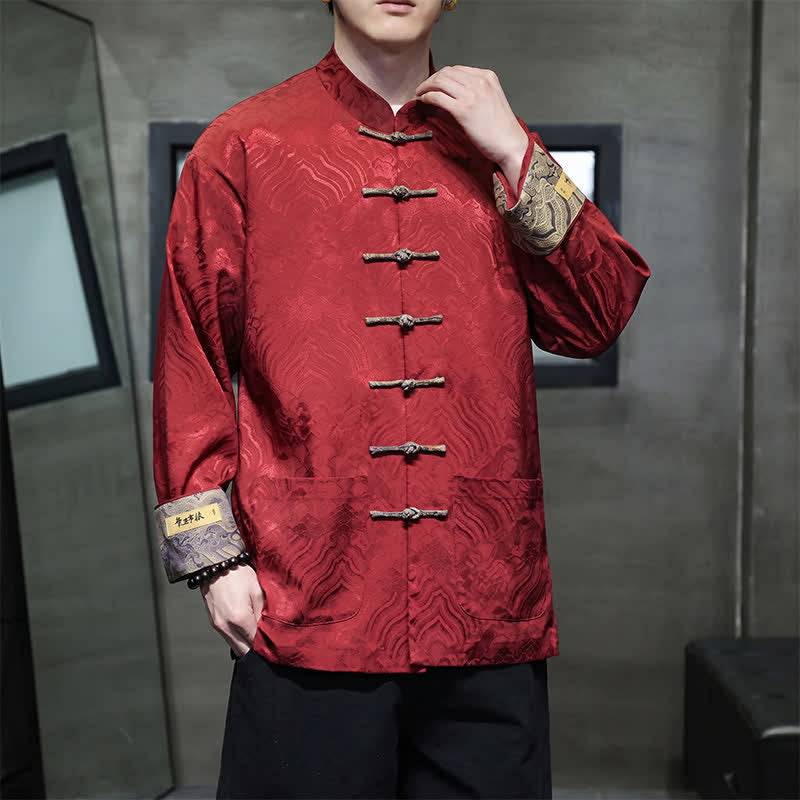Buddha Stones Fall Winter Tang Style Elegant Mandarin Collar Abstract Wave Pattern Frog Button Men's Jacket With Pockets - image 9