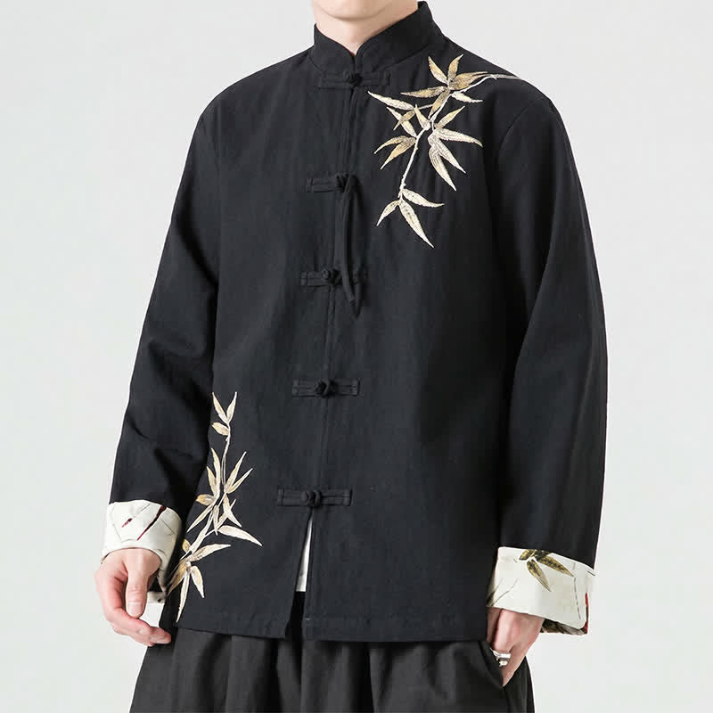 Buddha Stones Fall Winter Tang Style Vintage Frog Button Bamboo Cotton Linen Men's Jacket - Black - US/UK/AU46，EU56 (5XL) - image 12