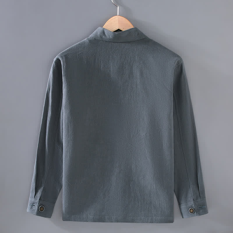 Buddha Stones Fall Casual Minimalist Solid Buttons Ramie Men's Jacket With Pockets - image 3
