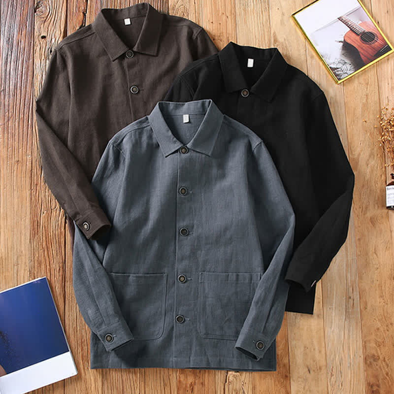 Buddha Stones Fall Casual Minimalist Solid Buttons Ramie Men's Jacket With Pockets - image 14