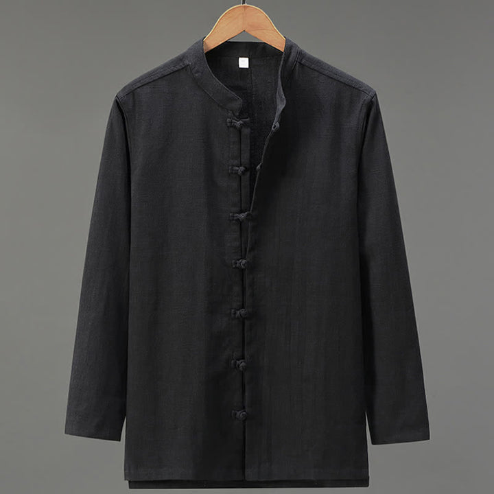 Buddha Stones Spring Casual Tang Style Frog Button Solid Men's Long Sleeve Shirts - Black - US/UK/AU42，EU52 (3XL) - image 11