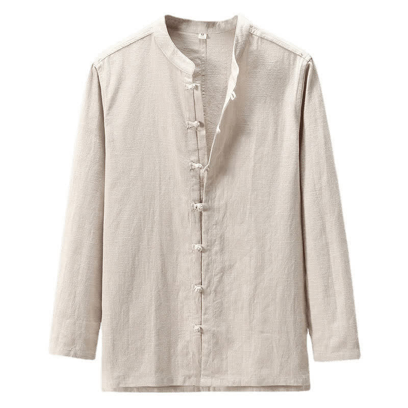 Buddha Stones Spring Casual Tang Style Frog Button Solid Men's Long Sleeve Shirts - image 2
