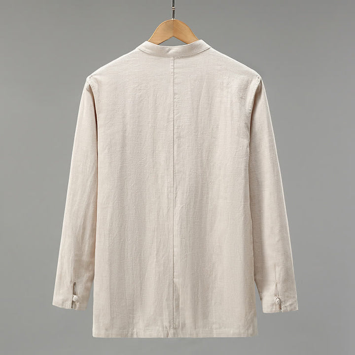Buddha Stones Spring Casual Tang Style Frog Button Solid Men's Long Sleeve Shirts - image 1