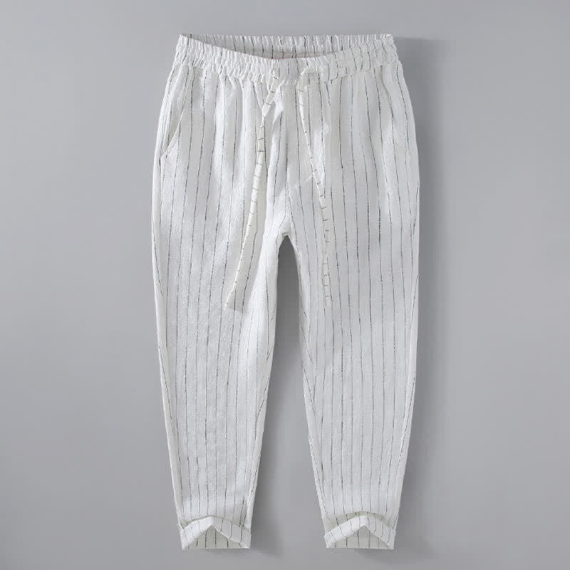 Buddha Stones Spring Summer Casual Drawstring Striped Cropped Pants Men's Tapered Pants With Pockets - White - US/UK/AU42，EU52 (3XL) - image 12