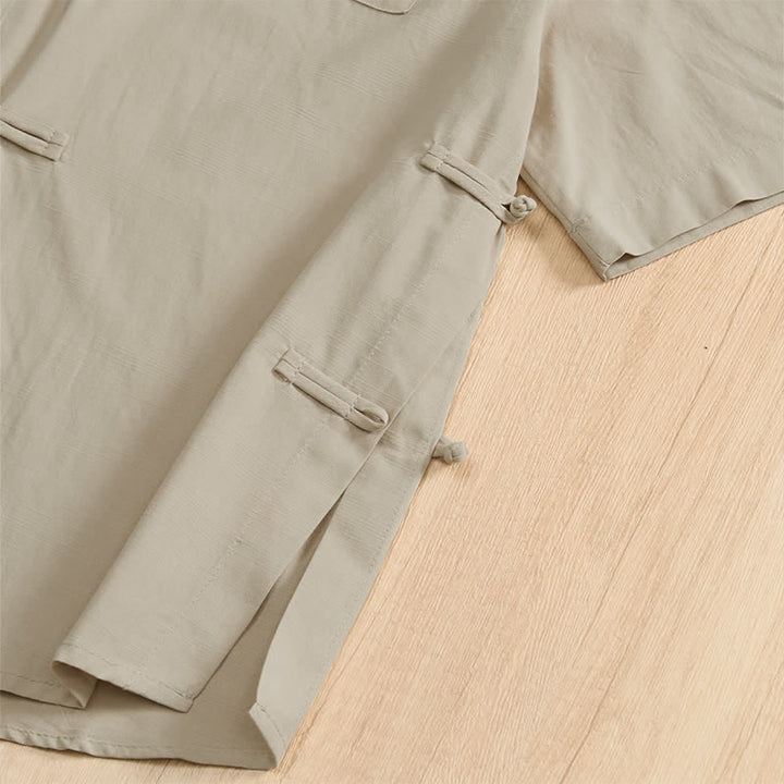 Buddha Stones Summer Casual Tang Style Frog Button Solid Men's Short Sleeve Shirts With Patch Pockets - image 31