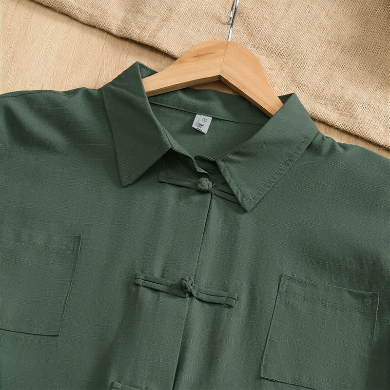 Buddha Stones Summer Casual Tang Style Frog Button Solid Men's Short Sleeve Shirts With Patch Pockets - image 10