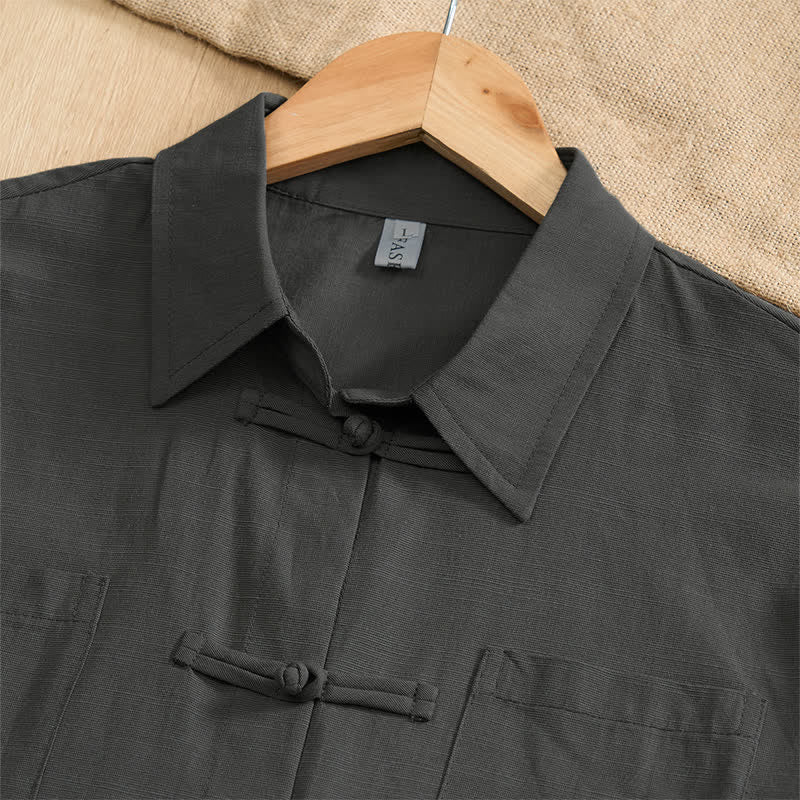 Buddha Stones Summer Casual Tang Style Frog Button Solid Men's Short Sleeve Shirts With Patch Pockets - image 2