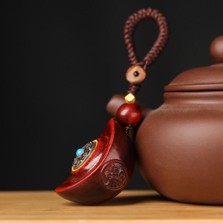 Buddha Stones Red Sandalwood Om Mani Padme Hum Yuanbao Wisdom Keychains - image 3