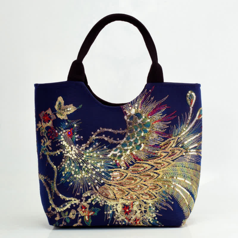 Buddha Stones Peacock Double-sided Embroidery Tote Bag Shoulder Bag Crossbody Bag - Dark Blue Peacock - Simple Tote Bag - image 4