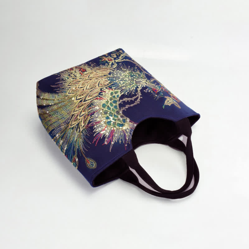 Buddha Stones Peacock Double-sided Embroidery Tote Bag Shoulder Bag Crossbody Bag - image 5