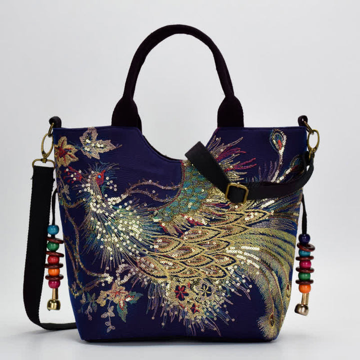 Buddha Stones Peacock Double-sided Embroidery Tote Bag Shoulder Bag Crossbody Bag - image 3