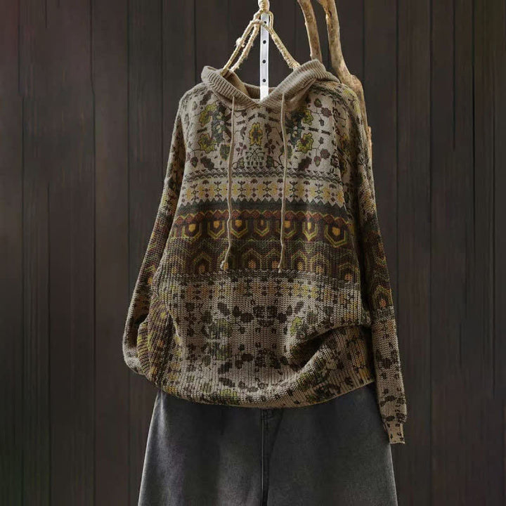 Buddha Stones Fall Striped Geometric Flowers Cotton Women's Long Sleeve Pullover Knitted Hoodie - Beige - US4-6，UK/AU8-10，EU36-38 (F) - image 0