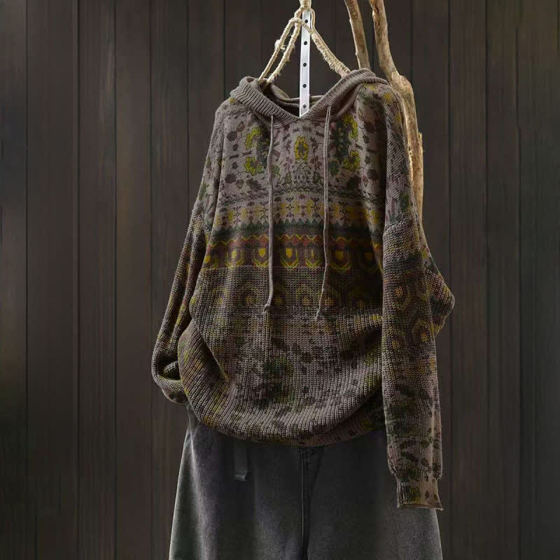 Buddha Stones Fall Striped Geometric Flowers Cotton Women's Long Sleeve Pullover Knitted Hoodie - DarkKhaki - US4-6，UK/AU8-10，EU36-38 (F) - image 12