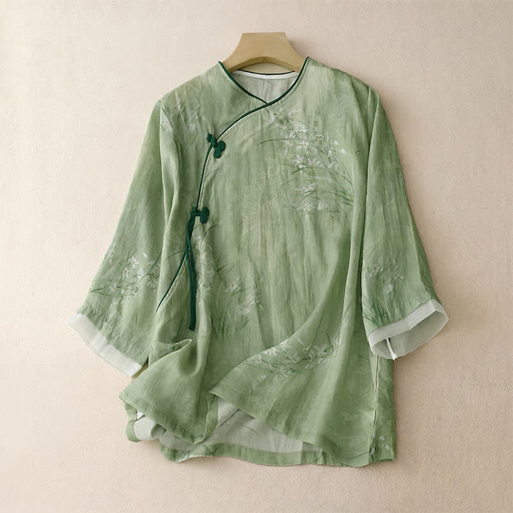 Buddha Stones Spring Summer Vintage Tang Style Frog Button Floral Women's Long Sleeve Shirts - LightGreen - US8-10, UK/AU12-14, EU40-42 (2XL) - image 10