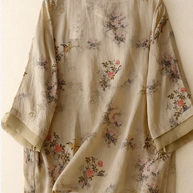 Buddha Stones Spring Summer Vintage Tang Style Frog Button Floral Women's Long Sleeve Shirts - image 1