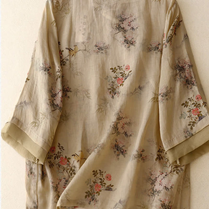 Buddha Stones Spring Summer Vintage Tang Style Frog Button Floral Women's Long Sleeve Shirts - image 1