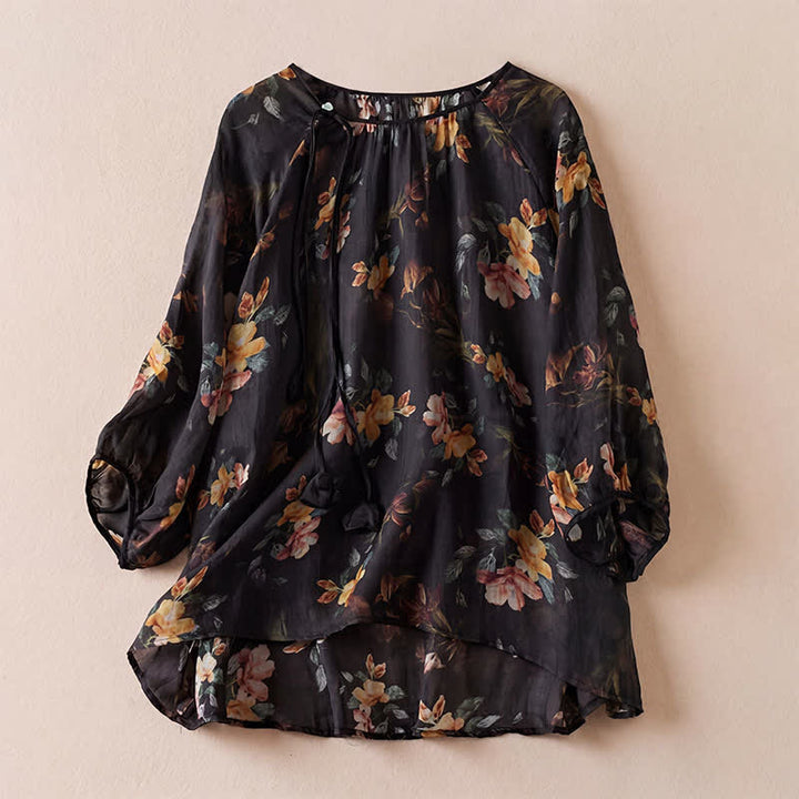 Buddha Stones Spring Summer Boho Drawstring Floral Women's Long Sleeve Shirts - Black - US12, UK/AU16, EU44 (2XL) - image 5