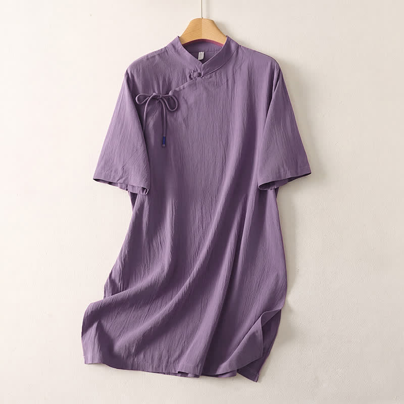 Buddha Stones Summer Casual Tang Style Mandarin Collar Solid Women's Short Sleeve Dresses - MediumPurple - US14, UK/AU18, EU46 (2XL) - image 3
