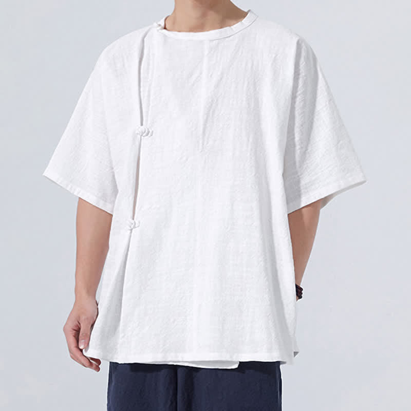 Buddha Stones Summer Tang Style Minimalist Frog Button Solid Cotton Men's Short Sleeve Shirts - image 18