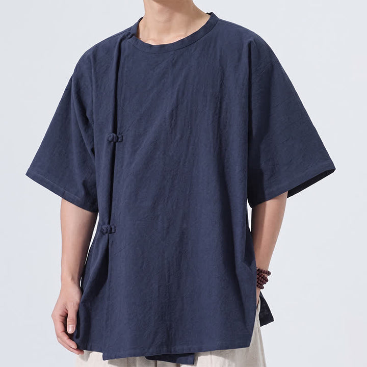 Buddha Stones Summer Tang Style Minimalist Frog Button Solid Cotton Men's Short Sleeve Shirts - image 12