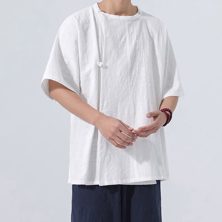 Buddha Stones Summer Tang Style Minimalist Frog Button Solid Cotton Men's Short Sleeve Shirts - image 20