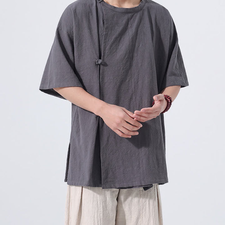 Buddha Stones Summer Tang Style Minimalist Frog Button Solid Cotton Men's Short Sleeve Shirts - image 4