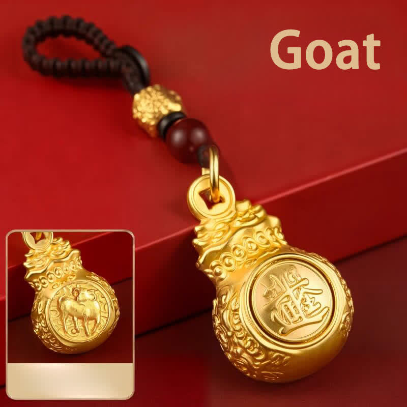 Buddha Stones "Make A Fortune Every Day" Golden Tone Copper Chinese Zodiac Fortune Money Bag Coins Keychains - Goat - image 24