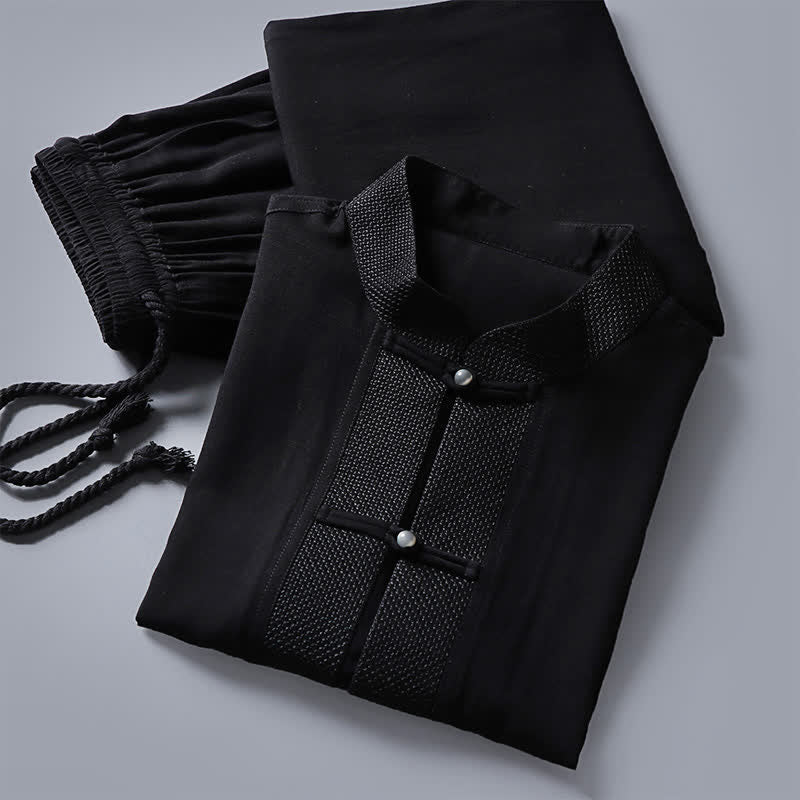 Buddha Stones 2Pcs Spring Tang Style Mandarin Collar Frog Button Solid Long Sleeve Shirt Pants Men's Meditation Cloth With Pockets - image 13
