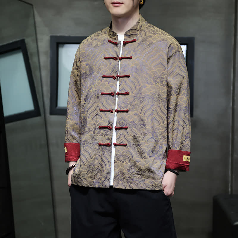 Buddha Stones Fall Winter Tang Style Elegant Mandarin Collar Abstract Wave Pattern Frog Button Men's Jacket With Pockets - Tan - US/UK/AU46，EU56 (5XL) - image 23