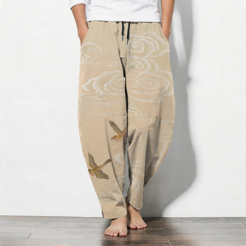 Buddha Stones Pure Cotton Auspicious Cloud Bird Pattern Drawstring Men's Tapered Pants With Pockets - Beige - US/UK/AU50，EU60 (5XL) - image 0