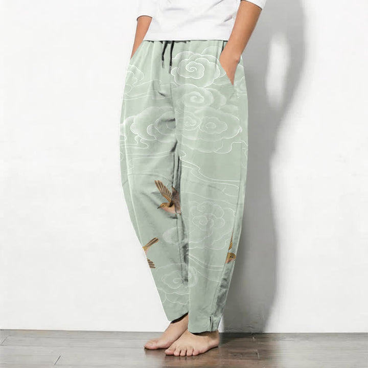 Buddha Stones Pure Cotton Auspicious Cloud Bird Pattern Drawstring Men's Tapered Pants With Pockets - image 12