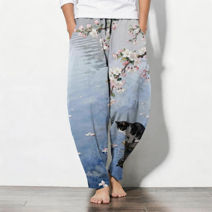 Buddha Stones Pure Cotton Sakura Cat Water Reflection Pattern Drawstring Men's Tapered Pants With Pockets - LightBlue - US/UK/AU50，EU60 (5XL) - image 0