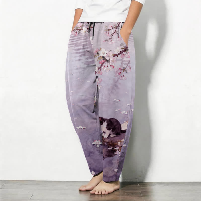 Buddha Stones Pure Cotton Sakura Cat Water Reflection Pattern Drawstring Men's Tapered Pants With Pockets - image 12