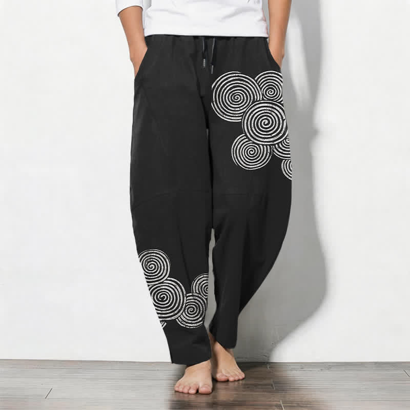 Buddha Stones Pure Cotton Concentric Spiral Pattern Drawstring Men's Tapered Pants With Pockets - Black - US/UK/AU50，EU60 (5XL) - image 0