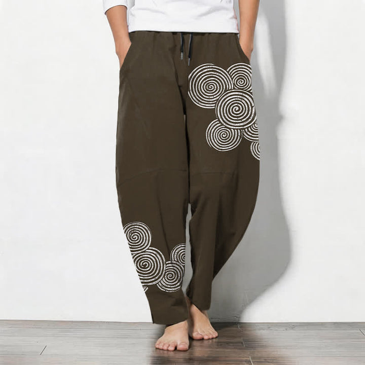 Buddha Stones Pure Cotton Concentric Spiral Pattern Drawstring Men's Tapered Pants With Pockets - SaddleBrown - US/UK/AU50，EU60 (5XL) - image 7