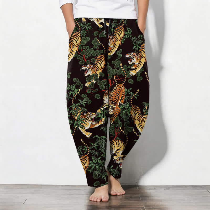 Buddha Stones Pure Cotton Tiger Bamboo Leaf Pattern Drawstring Men's Tapered Pants With Pockets - SaddleBrown - US/UK/AU50，EU60 (5XL) - image 7
