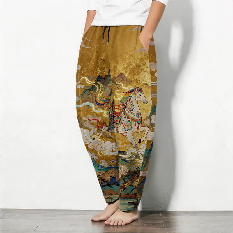 Buddha Stones Pure Cotton Running White Horse Pattern Drawstring Men's Tapered Pants With Pockets - image 1